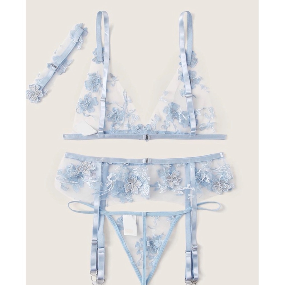 Baby Blue Sheer Mesh and Floral Lingerie Set